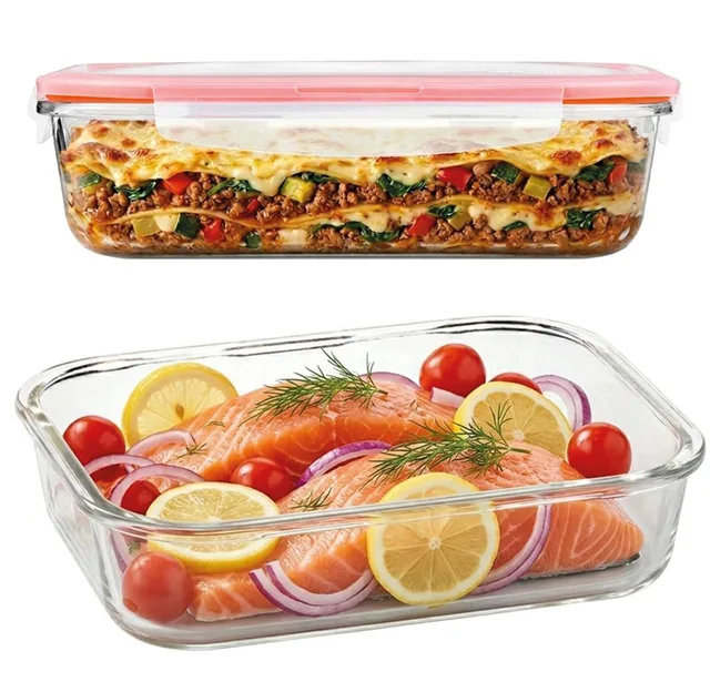 Ovenschaal met deksel - Glazen vershoudbakjes - Meal prep bakjes glas - 1,6 liter - Luchtdicht - BPA vrij - PFAS vrij - Borosilicaatglas - Vershoudbakjes glas - Rechthoekig - 25 x 19 cm - Set van 2 stuks