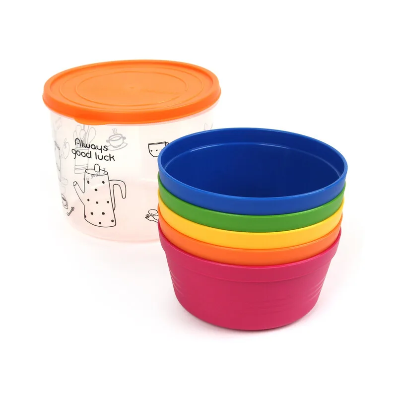 Picknick-Geschirrset, Mehrfarbig, 5-teiliges Set runde Schüsseln mit Deckeln und Kunststoff-Aufbewahrungsbehälter, BPA-freies Polypropylen und LDPE-Material, Leicht, Stapelbar, Mikrowellengeeignet de Lock&Lock – photo produit