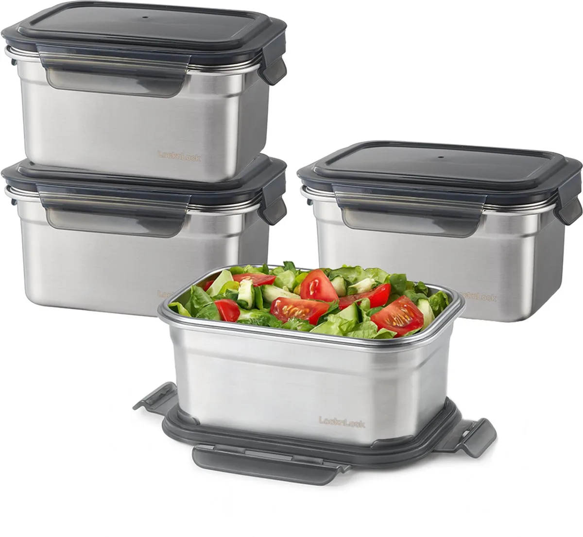 RVS Vershoudbakjes met deksel - RVS bakjes - Bewaarbakjes - Diepvriesbakjes - Meal prep bakjes - RVS Lunchbox - Broodtrommel - Lunchtrommel - Roestvrijstaal - Lekvrij - BPA vrij - PFAS vrij - Set van 4 stuks - 1 liter von Lock&Lock in Silber – Produktfoto