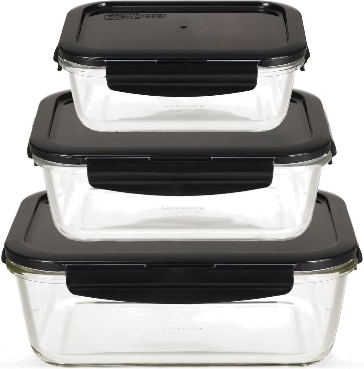Voedselopslagcontainers van glas met deksel, set van 3 vierkant en groot, ovenglas, koelkast en vriezer, braadpan voor oven en magnetron van Lock&Lock in Zwart – productfoto