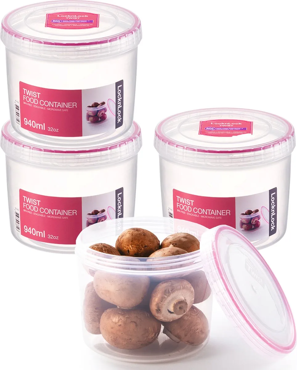 Voorraadbussen - Voorraadpotten - Voorraaddozen - Bewaardozen voedsel - Vershoudbakjes set met deksel - Rond - Luchtdicht - BPA vrij - PFAS vrij - 940 ml - Set van 4 stuks - LocknLock van Lock&Lock in Transparant – productfoto