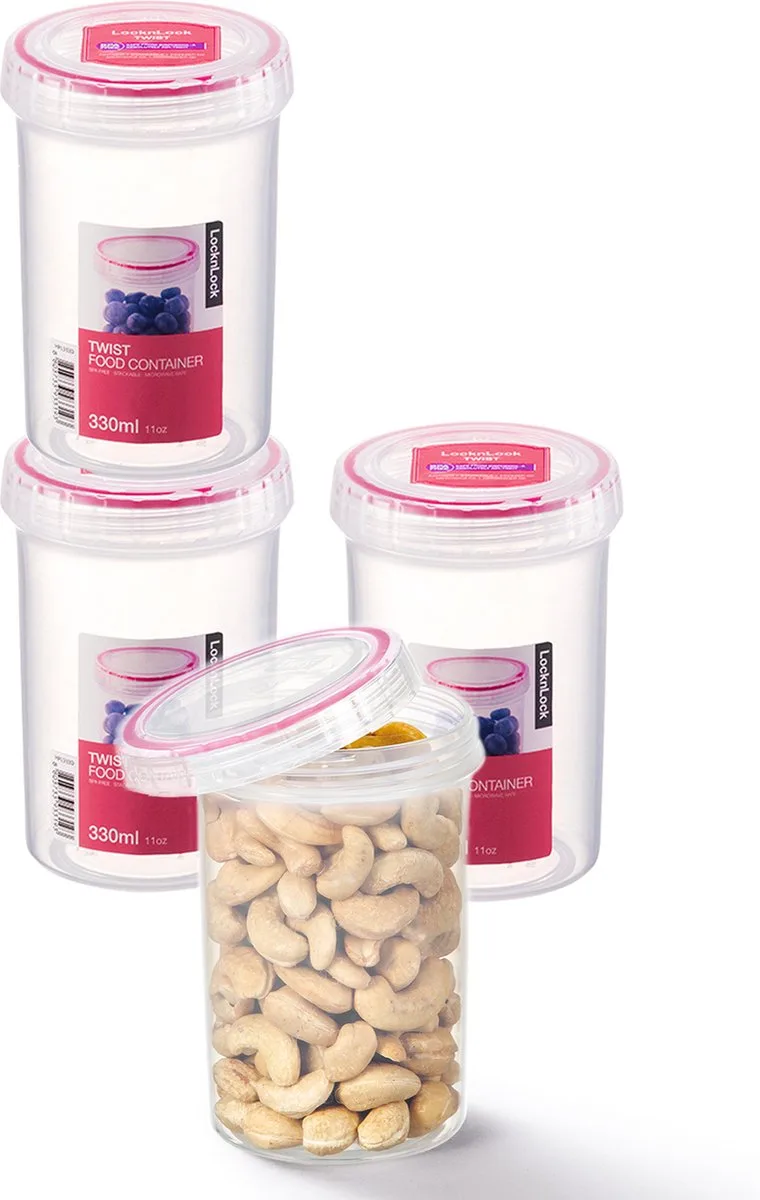 Voorraadbussen - Voorraadpotten - Voorraaddozen - Vershoudbakjes - Bewaardozen voedsel - Sausbakjes met deksel - Dressing bakje - Kruidenpotjes - Rond - Luchtdicht - BPA vrij - PFAS vrij - 330 ml - Set van 4 stuks - LocknLock van Lock&Lock in Transparant – productfoto