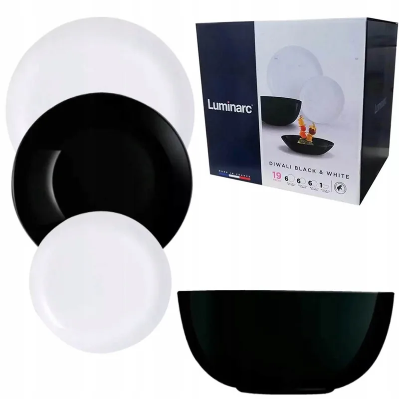 Diwali Servies 19 Delen voor 6 Personen met Saladekom de Luminarc en Zwart Wit – photo produit