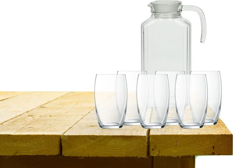 karaf schenkkan met afsluitdop van glas 1700 ml met 6x stuks Versailles luxe drinkglazen/waterglazen 375 ML fra Luminarc i Gennemsigtig – produktbillede