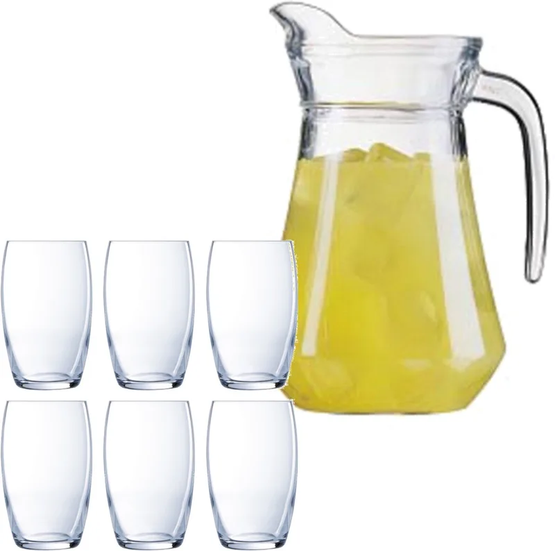 schenkkan/waterkan/sapkan van glas 1.0 liter met 6x stuks Versailles waterglazen/drinkglazen van 375 ml fra Luminarc i Gennemsigtig – produktbillede