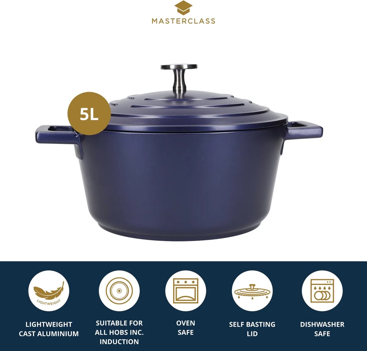 Grote Lichtgewicht Braadpan met Deksel, Stoofpan van Gegoten Aluminium 5L van MasterClass in Blauw – productfoto