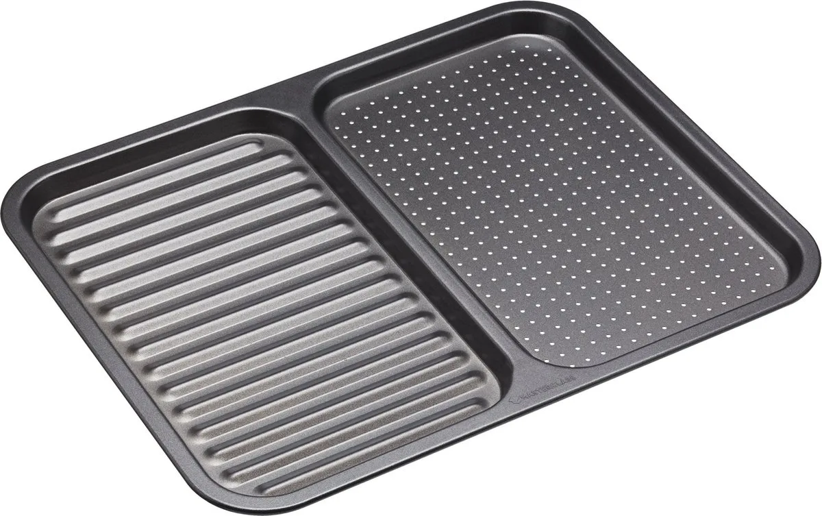 KitchenCraft MasterClass 2-Delige Bakplaat Met Antiaanbaklaag / Geribbelde Bakplaat - Koolstofstaal 39 x 31 x 1,5 Centimeter Grijs van MasterClass in Zwart – productfoto