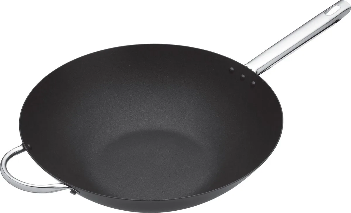 Professionele Grote Wok Vervaardigd Uit Carbon Steel En Met Antiaanbaklaag - Inductie-Veilig Zwart 35,5 cm (14 Inch) van MasterClass in Rvs – productfoto