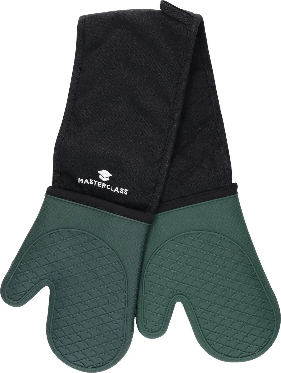 Silicone Ovenwanten, hittebestendige wanten met katoenen vulling, dubbelzijdige antislip handschoenen voor koken en bakken, BPA-vrij, zwart/hunter groen fra MasterClass i Grøn – produktbillede