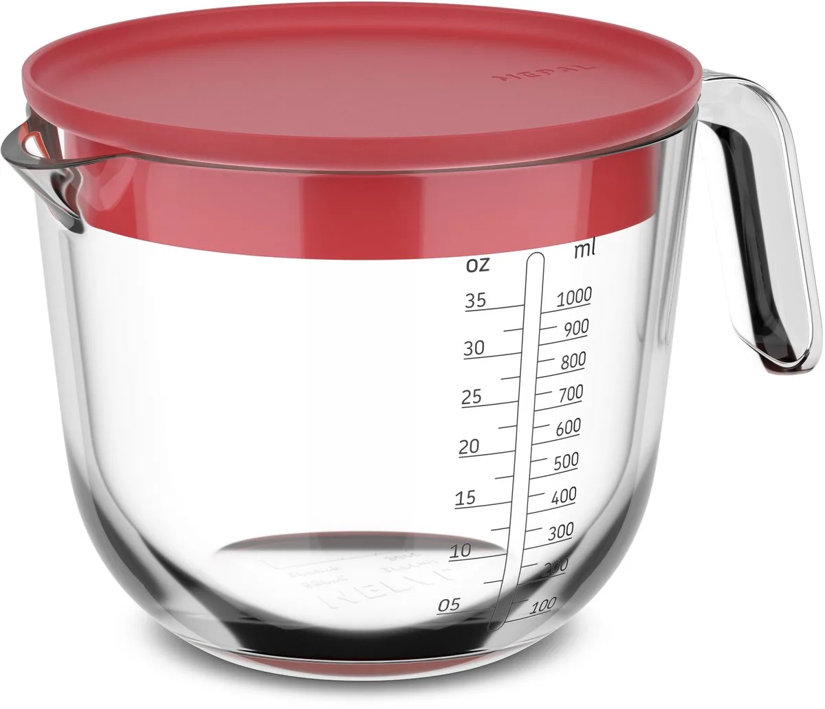 Glas maatbeker met deksel Chef it - 1 l - Maataanduiding - Vaatwasmachine-. magnetron- en ovenbestendig - Bakspullen van Mepal in Coral – productfoto