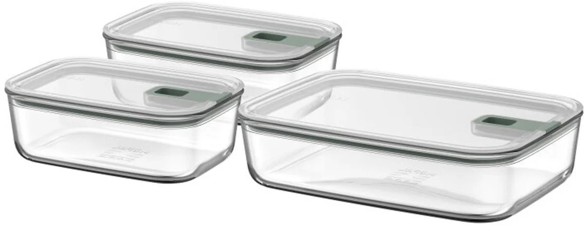 Glazen Vershouddoos set EasyClip - 2x 1000 + 2250 ml - Glazen vershoudbakjes met schuifsluiting - Geschikt voor magnetron. (stoom)oven. koelkast en vriezer van Mepal in Nordic sage – productfoto