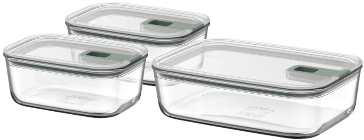 Glazen Vershouddoos set EasyClip - 2x 700 + 1500 ml - Glazen vershoudbakjes met schuifsluiting - Geschikt voor magnetron. (stoom)oven. koelkast en vriezer van Mepal in Nordic sage – productfoto
