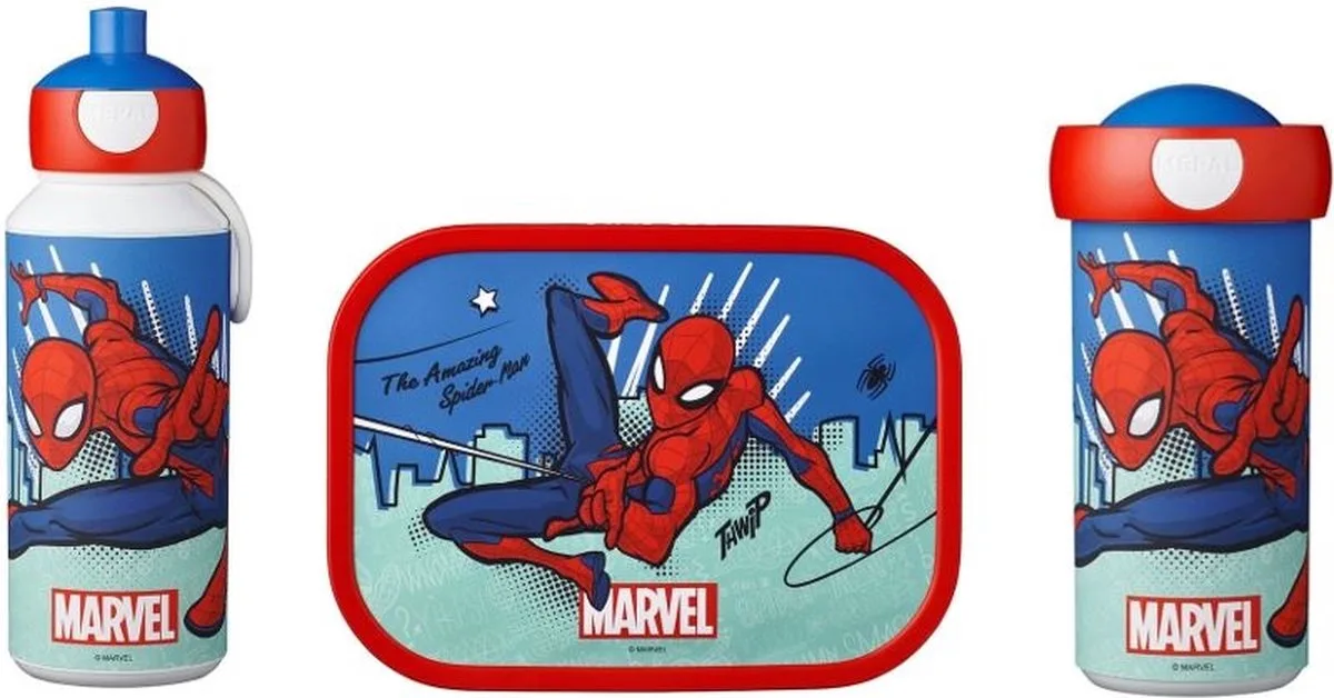 Spiderman Lunchbox, Schoolbeker & Pop-up beker van Mepal in Spiderman Lunchbox, Schoolbeker & Pop-up beker – productfoto