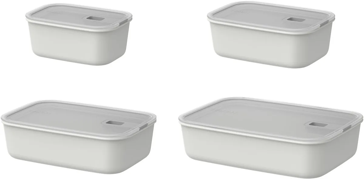 Vershouddoos 4 delig EasyClip - 700 ml. 1000 ml. 1500 ml. 2250 ml - Vershoudbakjes met schuifsluiting - Geschikt voor magnetron. stoomoven. koelkast en vriezer van Mepal in Nordic white – productfoto