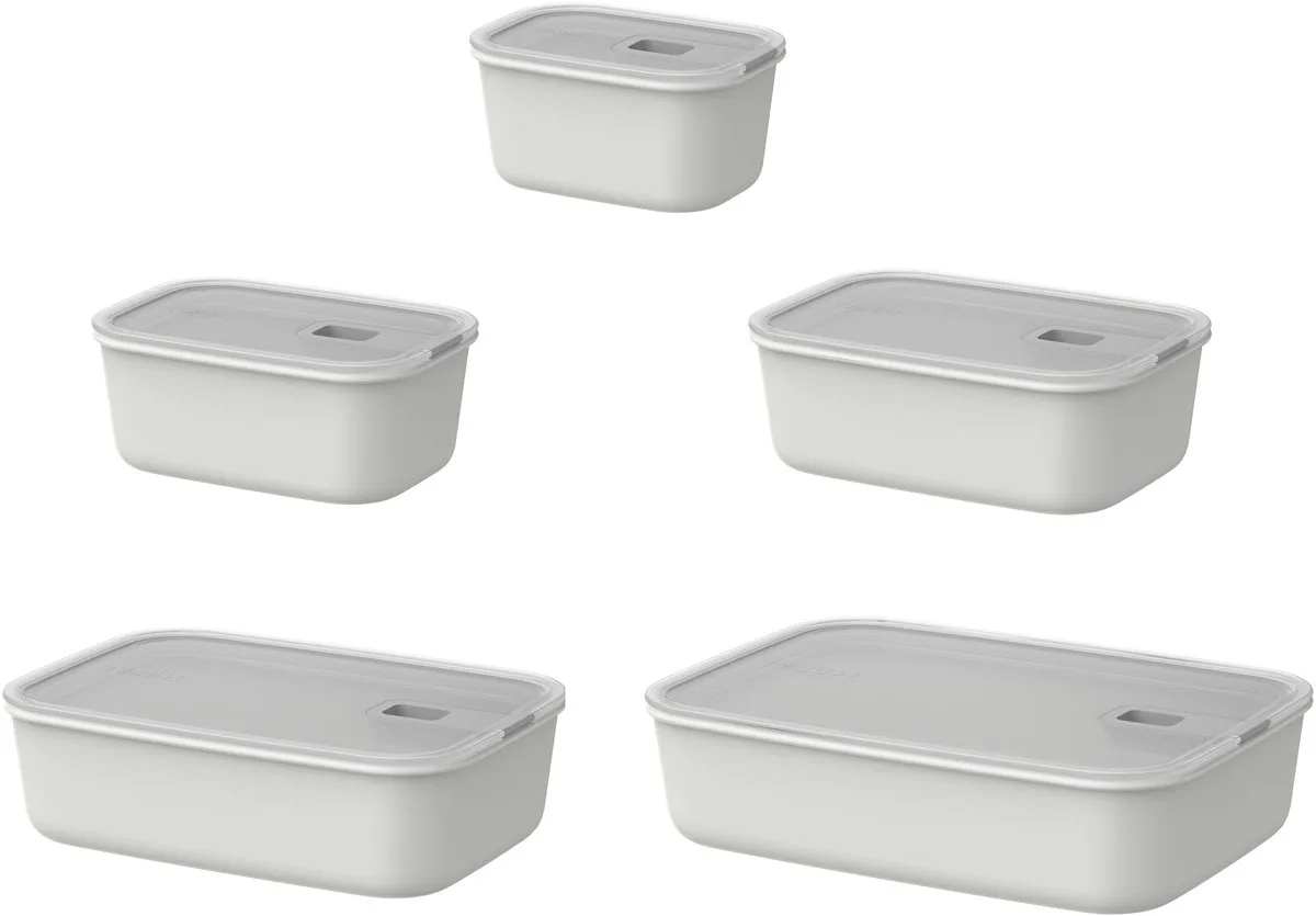 Vershouddoos 5 delig EasyClip - 450 ml. 700 ml. 1000 ml. 1500 ml. 2250 ml - Vershoudbakjes met schuifsluiting - Geschikt voor magnetron. stoomoven. koelkast en vriezer von Mepal in Nordic white – Produktfoto