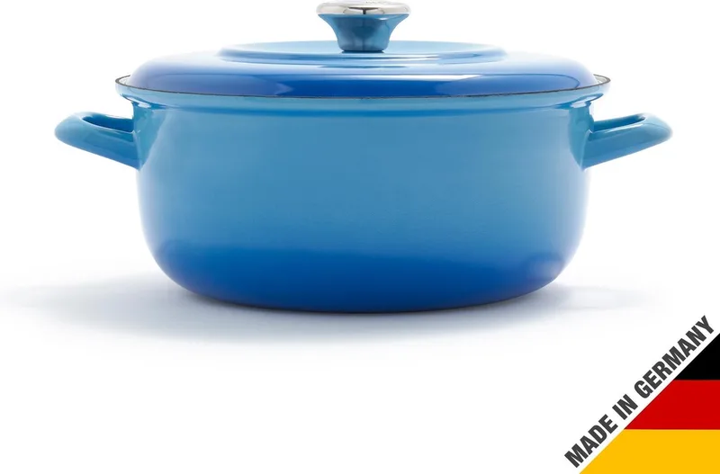 Braadpan 26 cm - 5L - Zonder PFAS-vrije antikleeflaag - Braadpan inductie - Ovenbestendig tot 315°C - Geëmailleerd gietijzer - Handgemaakt - Met deksel - Lava fra Merten & Storck i Blå – produktbillede