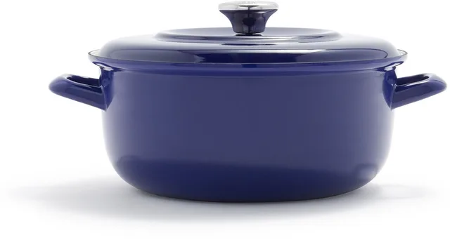 Braadpan 26 cm - 5L - Zonder PFAS-vrije antikleeflaag - Braadpan inductie - Ovenbestendig tot 315°C - Geëmailleerd gietijzer - Handgemaakt - Met deksel - Blauw