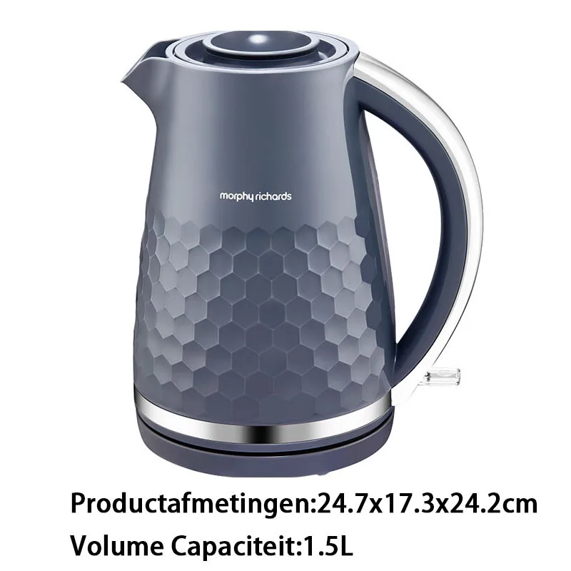 Britse slimme elektrische waterkoker voor thuis, snel verwarmend, grote capaciteit van 1,5 l, automatische uitschakeling, 360 graden draaivoet, grijs, model MUC-KH2G by Morphy Richards – product photo