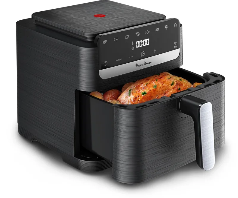 Easy Fry Mega Compact EZ8618F0 – Airfryer 7,5L XL – Compact formaat – 8 automatische programma’s – Touchscreen – Heteluchtfriteuse zonder olie by Moulinex in Black – product photo