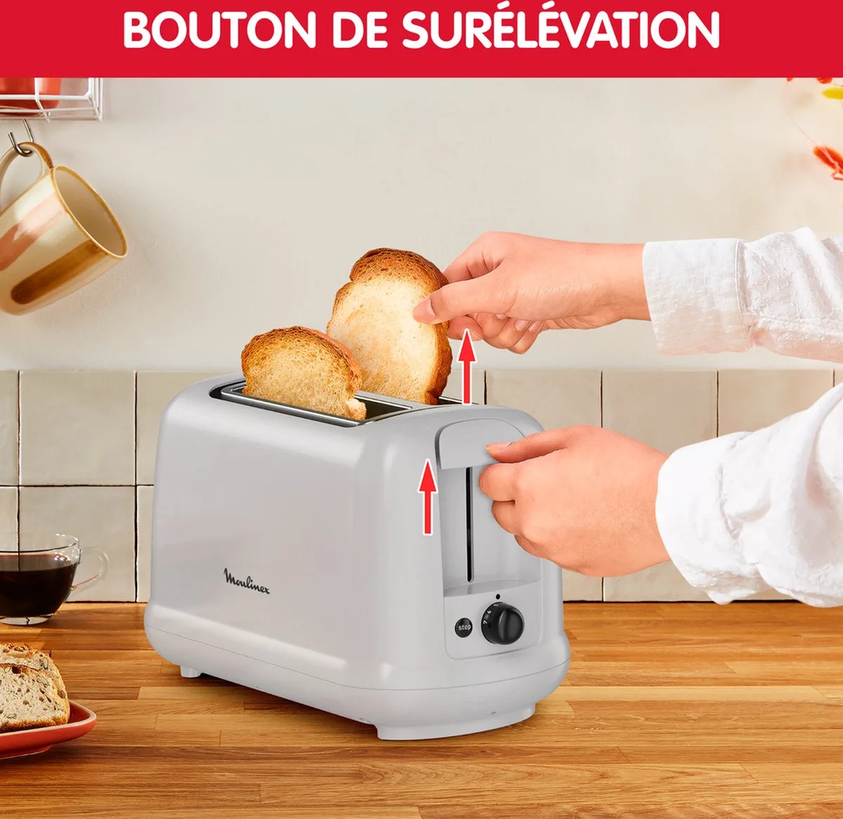 Extra grote broodrooster met 2 sleuven, 7 bruiningsniveaus, automatische uitschakeling, boostknop, ontdooien, Simpleo LT160B10 van Moulinex in Lichtgrijs – productfoto