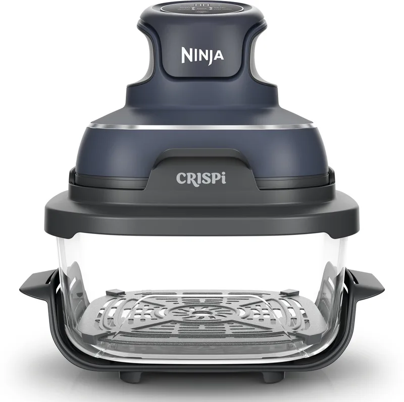 CRISPi 4-in-1 compact glazen kooksysteem - Airfryer, Roast, Recrisp, Keep Warm - Inclusief twee glazen schalen van 3.8L en 1.4L en bijpassende deksels - 2 Crisper-Plates - FN101EUGY van Ninja in Blauw – productfoto