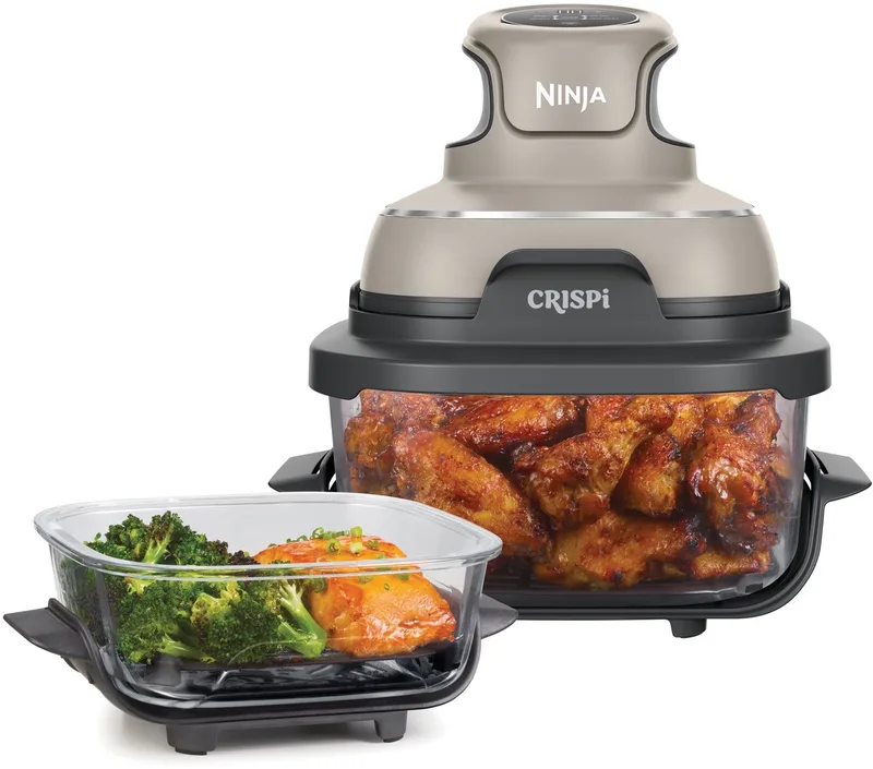 CRISPi 4-in-1 compact glazen kooksysteem - Airfryer, Roast, Recrisp, Keep Warm - Inclusief twee glazen schalen van 3.8L en 1.4L en bijpassende deksels - 2 Crisper-Plates - FN101EUGY by Ninja in Grey – product photo