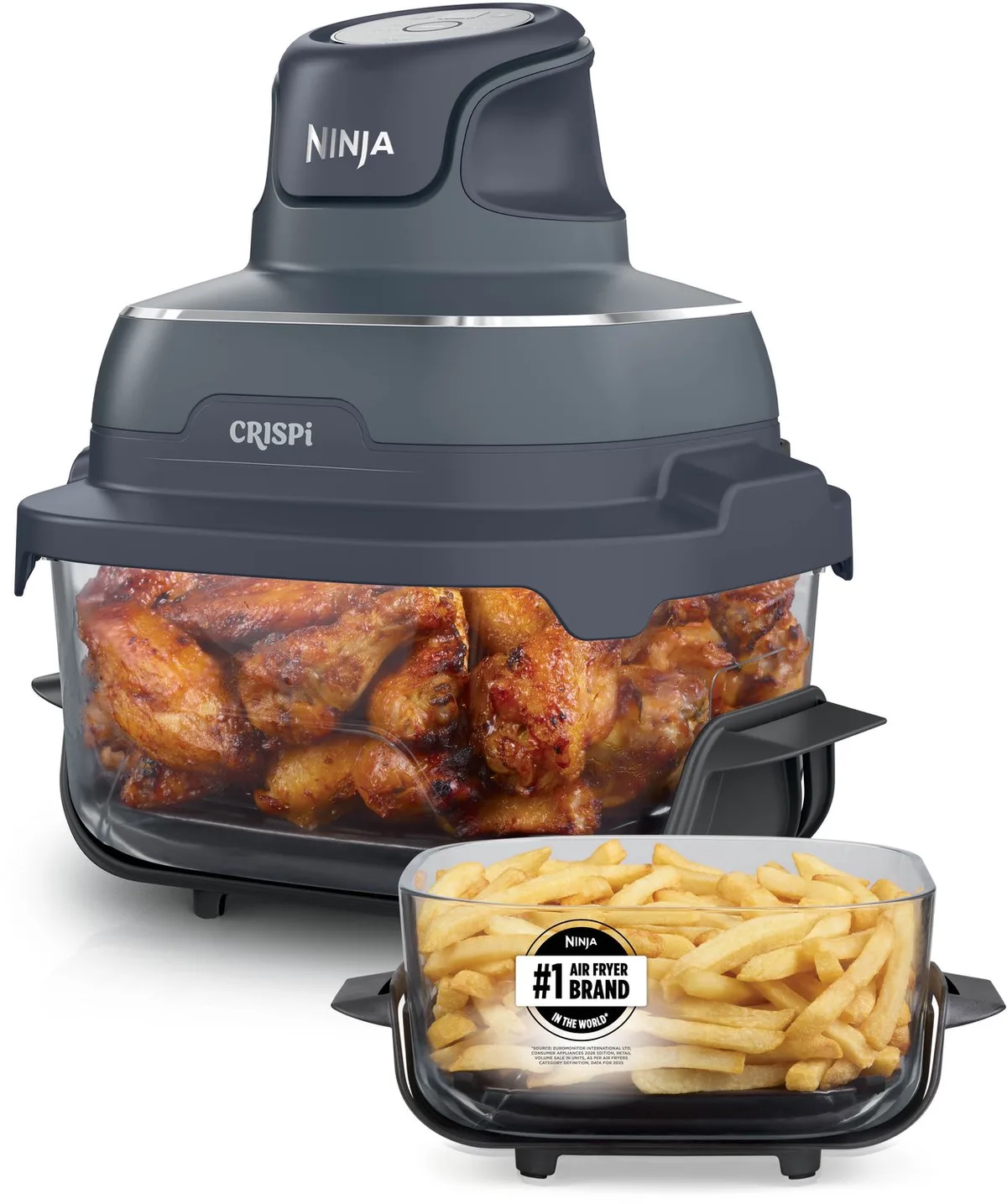 CRISPi 4-in-1 Glazen Airfryer, 3,8 l en 2,3 l, airfryen, braden, warmhouden en opnieuw krokant maken, compact ontwerp, 2 verwijderbare glazen schalen en deksels, 1700 W - FN201EUBL1 fra Ninja i Blå – produktbillede