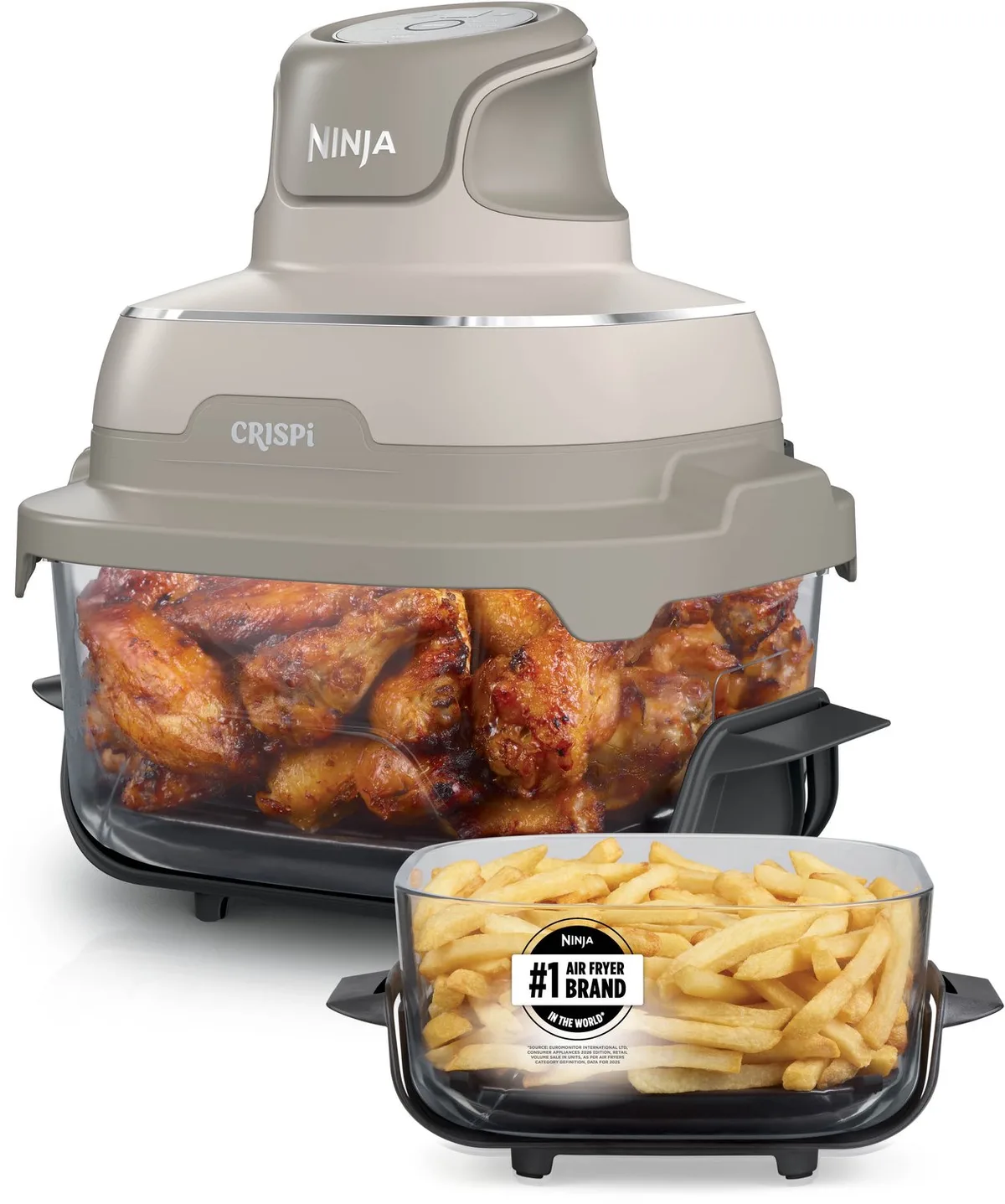 CRISPi 4-in-1 Glazen Airfryer, 3,8 l en 2,3 l, airfryen, braden, warmhouden en opnieuw krokant maken, compact ontwerp, 2 verwijderbare glazen schalen en deksels, 1700 W - Beige - FN201EUSD2 von Ninja in Creme – Produktfoto