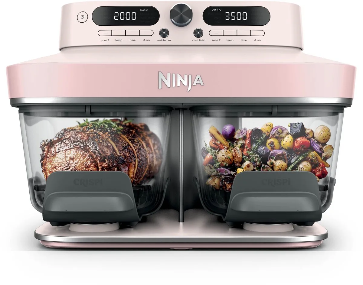 CRISPi DualZone Glazen Airfryer met 2 manden, 8 kookfuncties, Kook twee gerechten tegelijkertijd, PFAS-vrije glazen schalen, Inclusief deksels - Rosékwarts - DD102EUPK1 de Ninja en Rose – photo produit
