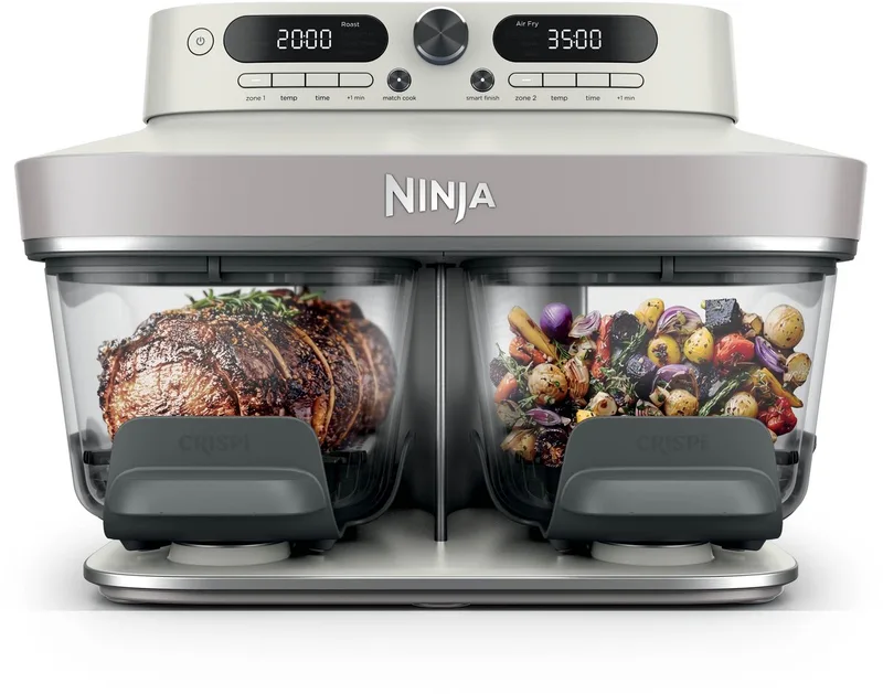 CRISPi DualZone Glazen Airfryer met 2 manden, 8 kookfuncties, Kook twee gerechten tegelijkertijd, PFAS-vrije glazen schalen, Inclusief deksels - Gebroken - DD102EUIV2 by Ninja in White – product photo
