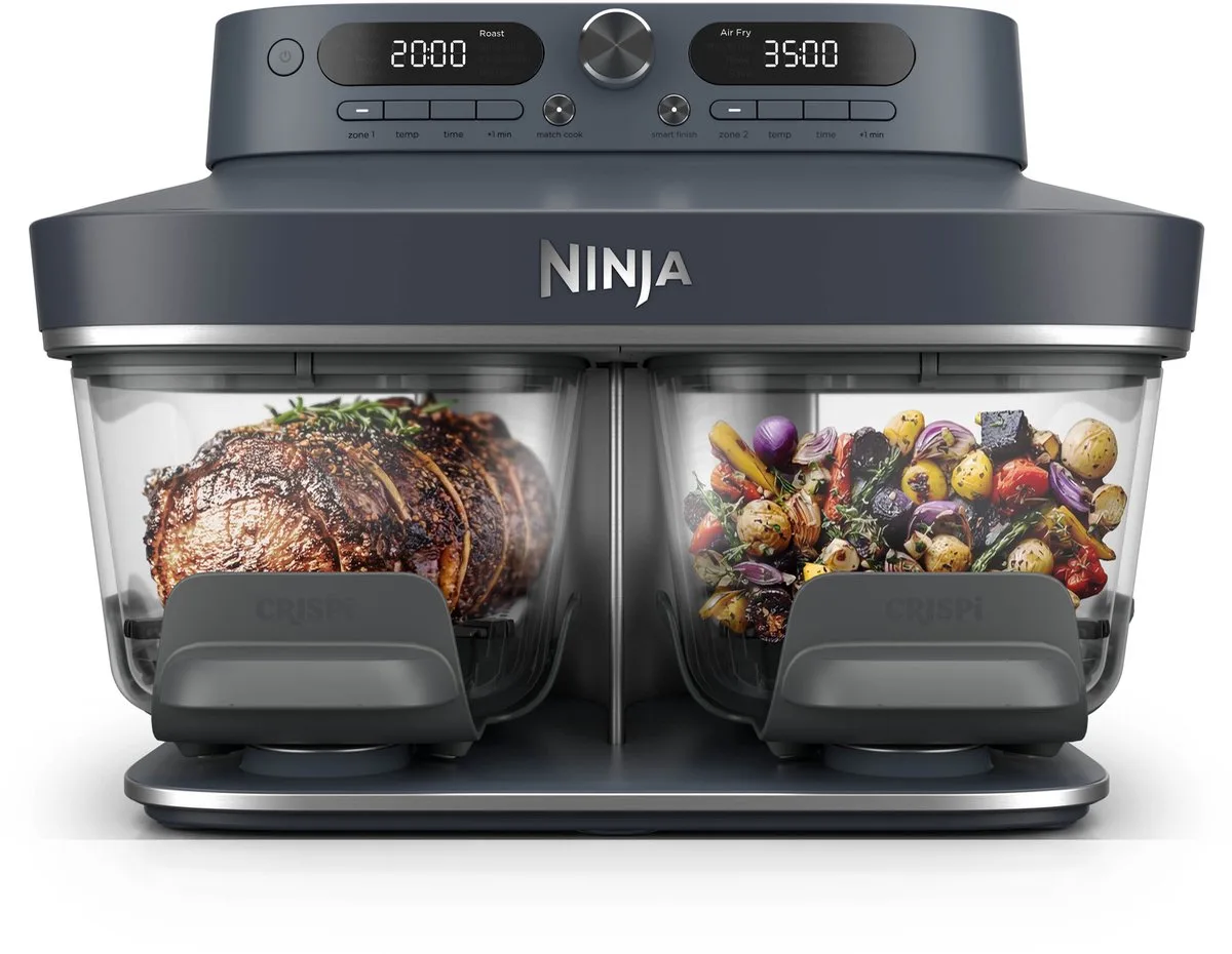 CRISPi DualZone glass air fryer with 2 baskets, 8 cooking functions, cook two dishes at the same time, PFAS-free glass dishes, lids included, Cyberspace, DD102EUBL1 von Ninja in Dunkelblau – Produktfoto
