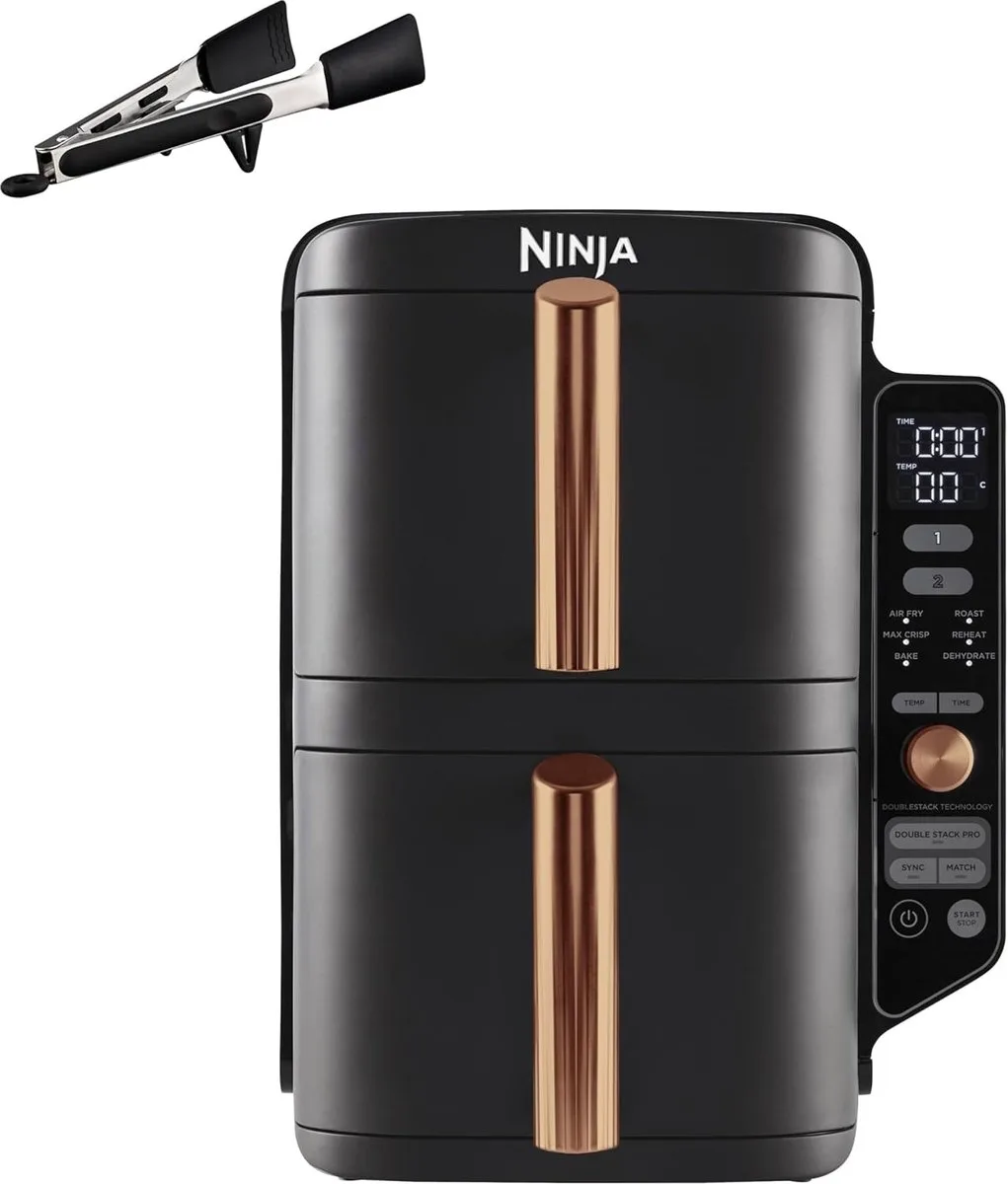 Double Stack XL Airfryer (SL400EUCP) – 9,5L – Verticale Airfryer met 2 Lades & 4 Bereidingsniveaus – Ruimtebesparend – 6 Functies – Incl. Tang – 8 Porties van Ninja in Zwart – productfoto