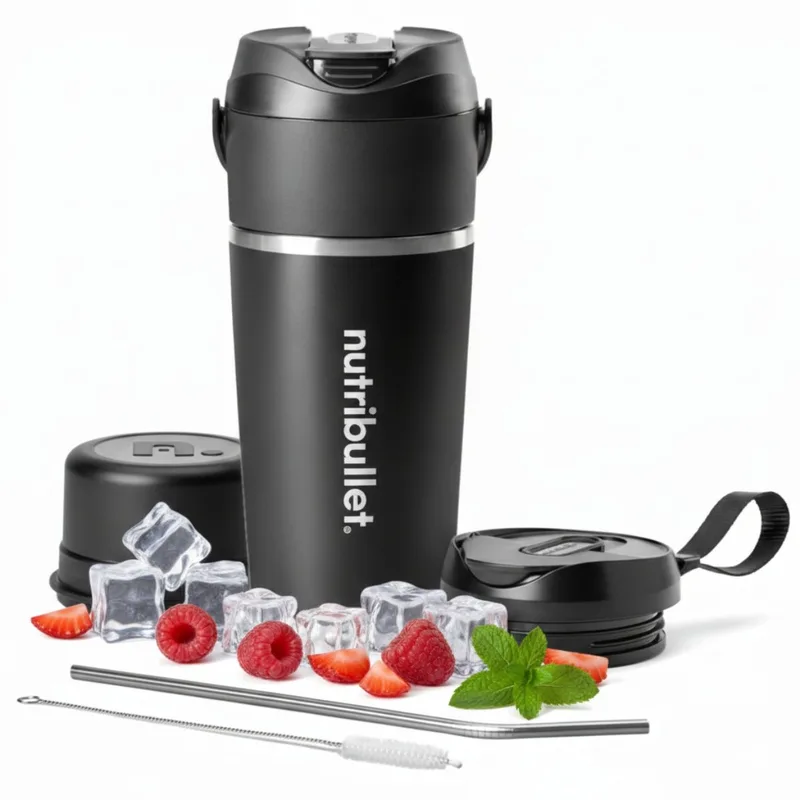 Flip - Blender To Go - Draadloze Blender - Oplaadbare Blender - Smoothie Maker - RVS Thermos Beker - Incl. RVS Rietje en Schoonmaakborstel by NutriBullet in Black – product photo