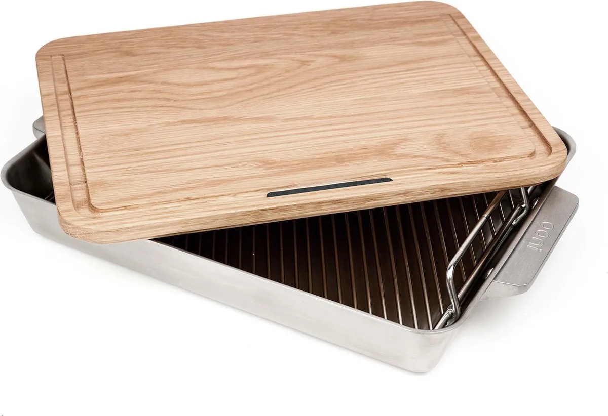 Braadslede met Grilrooster en Eikenhouten Snijplank - Large van Ooni in Rvs – productfoto