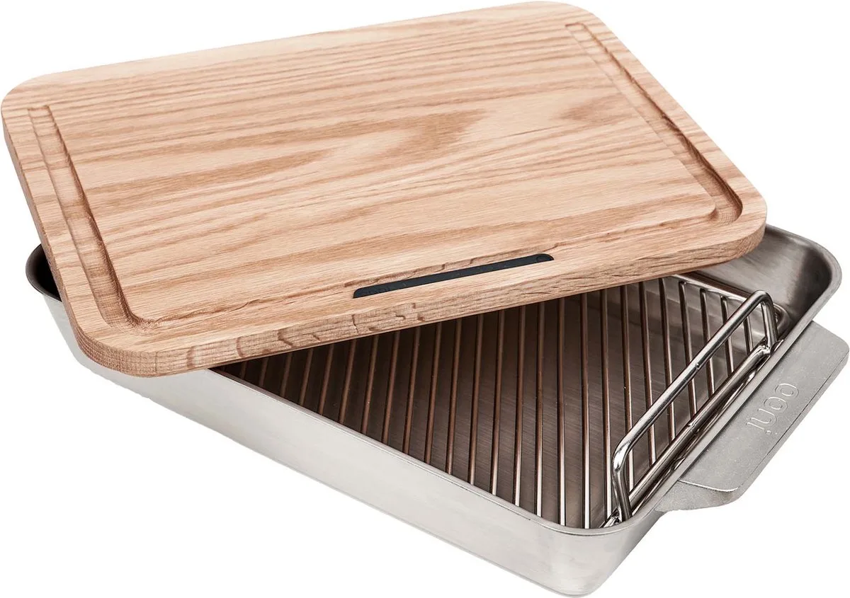 Braadslede met Grilrooster en Eikenhouten Snijplank - Medium van Ooni in Rvs – productfoto