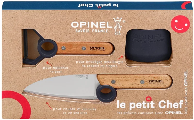 Le Petit Chef Kinderkeukensetje - 3-delig - Koksmes, Vingerbeschermer en Dunschiller de Opinel en Bleu – photo produit
