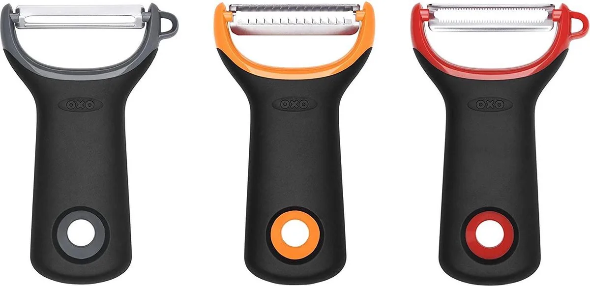 OXO 3-Delige Schil Set - Aardappelschiller - Juliennesnijder - Tomaten Dunschiller - Comfort grip - Japans RVS de OXO en Zwart – Oranje – photo produit