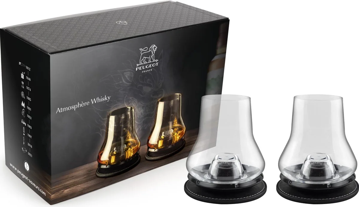 Atmosphère - Whiskey Geschenkset - 2 Whiskyglazen - Met koelbasis van Peugeot in Zwart – productfoto
