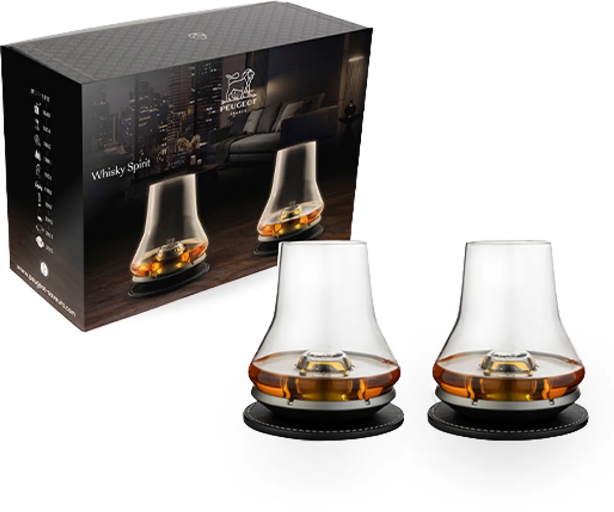 Spirit - Whisky Geschenkset - 2 Whiskyglazen - Met koelbasis de Peugeot en Argent – photo produit