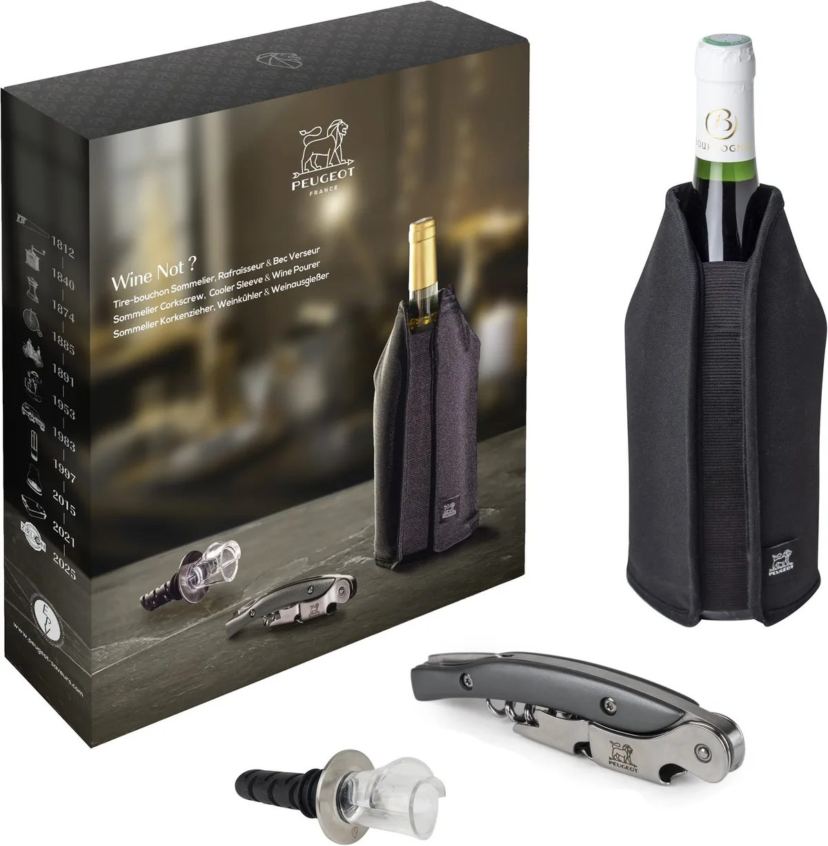 Wine Not? - Cadeaubox - Kurkentrekker - Wijnkoeler - Schenkhulp de Peugeot en Noir – photo produit