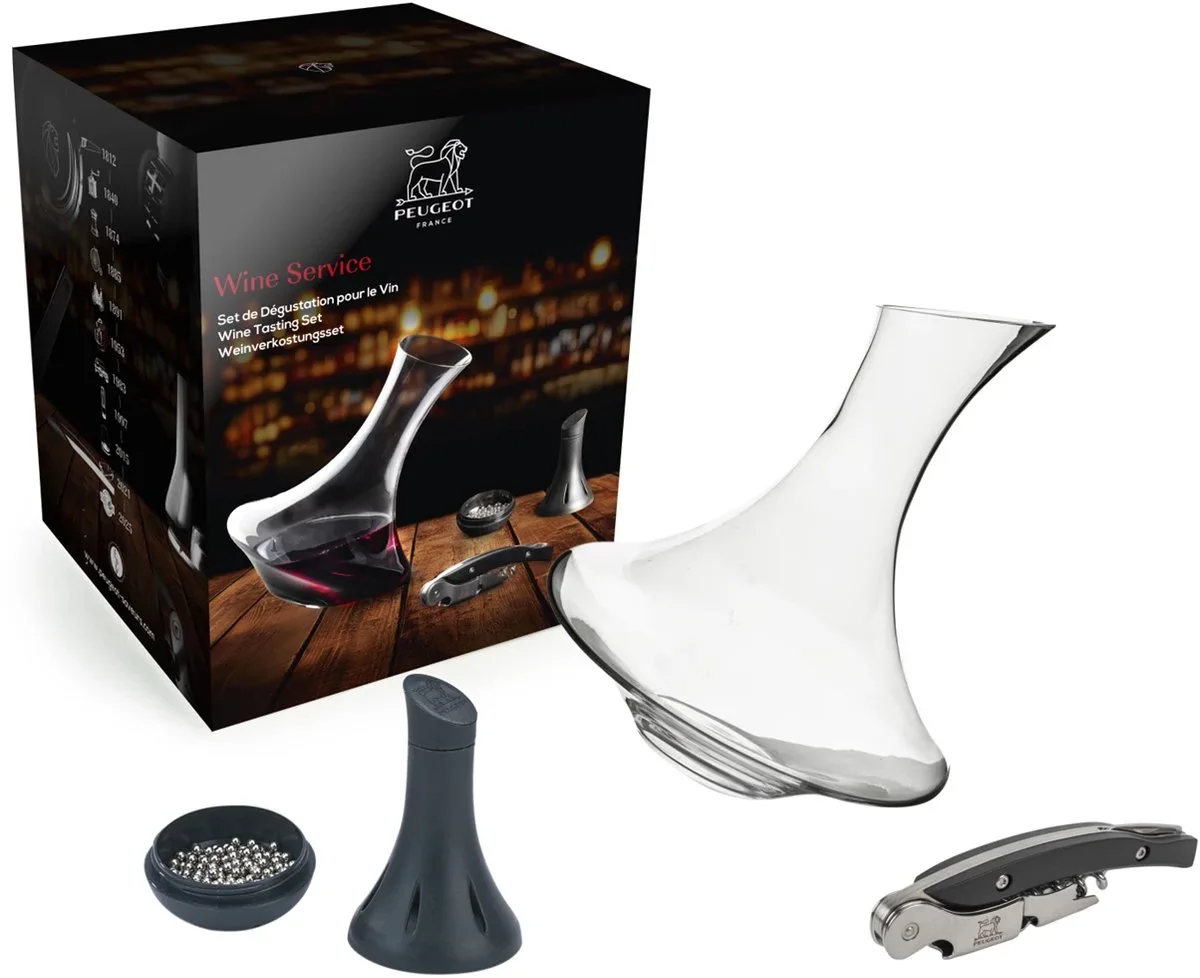 Wine Service giftset: dekanteerkaraf + reinigingsballetjes + kurkentrekker sommelier van Peugeot in Zwart – productfoto