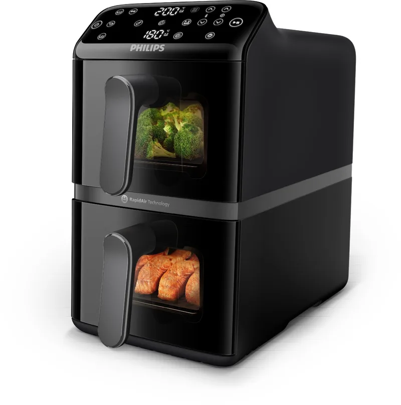 Dual-Stacked Dubbele Airfryer 4000 Series – NA460/00 - PFAS Vrij - 2 Lades (Sync) – 10 L – Tot 6 Personen – Bespaart 45% Ruimte by Philips in Black – product photo