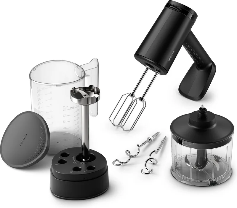 Handmixer Set HR3781/20 - 500 Watt - Incl Hakmolen, Maatbeker, Kneedhaak en Garde/Klopper - Turbofunctie - Vaatwasserbestendig - Zwart de Philips en Gris – photo produit