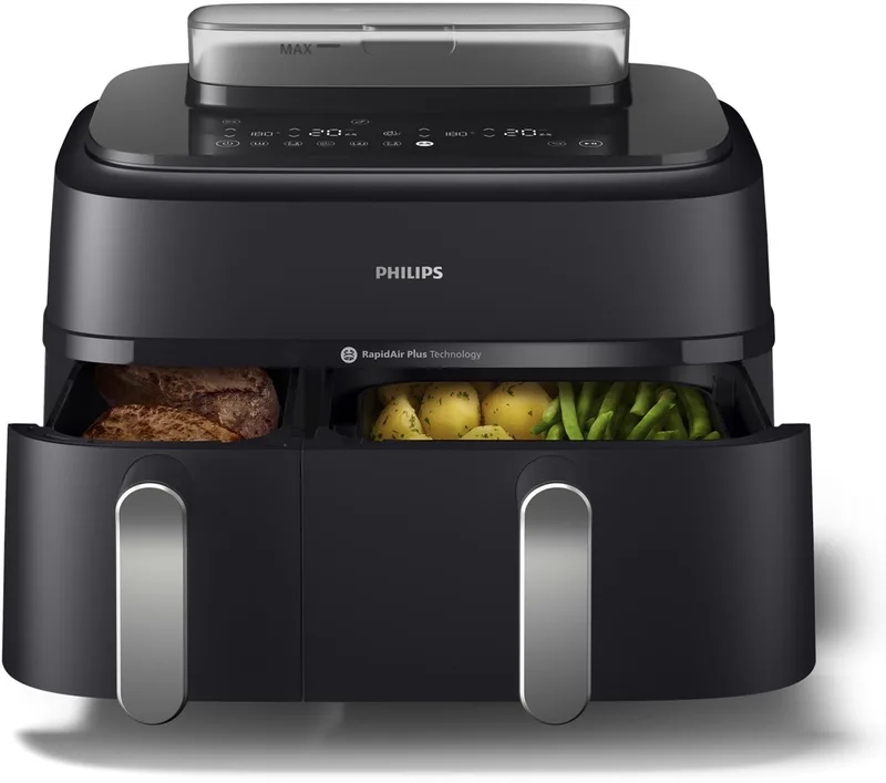 Philips 5000 Series Dual Basket Airfryer - NA551/00 - Stoomfunctie - Dubbele Mand - 9L - Tot 6 Personen by Philips in Silver – product photo
