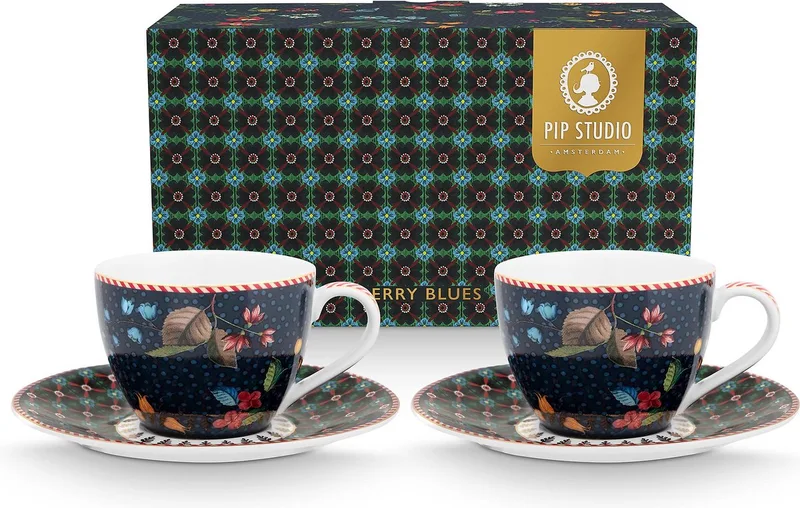 Berry Blues Espresso Kop en Schotel 120ml Set van twee Bloemen Cadeaudoos de Pip Studio en Bleu foncé – photo produit
