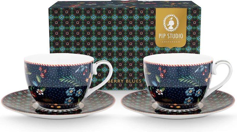 Berry Blues Kop en Schotel 280ml Set van Twee Cadeaudoos Porselein de Pip Studio en Bleu foncé – photo produit