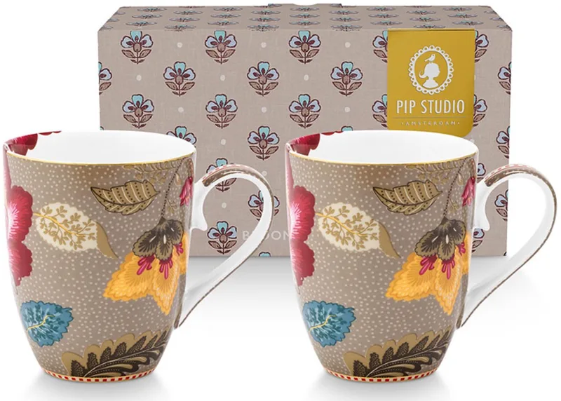 Blooming Tales - Mokken set van 2 - 365ml - geschenkdoos - Porselein de Pip Studio en Khaki – photo produit
