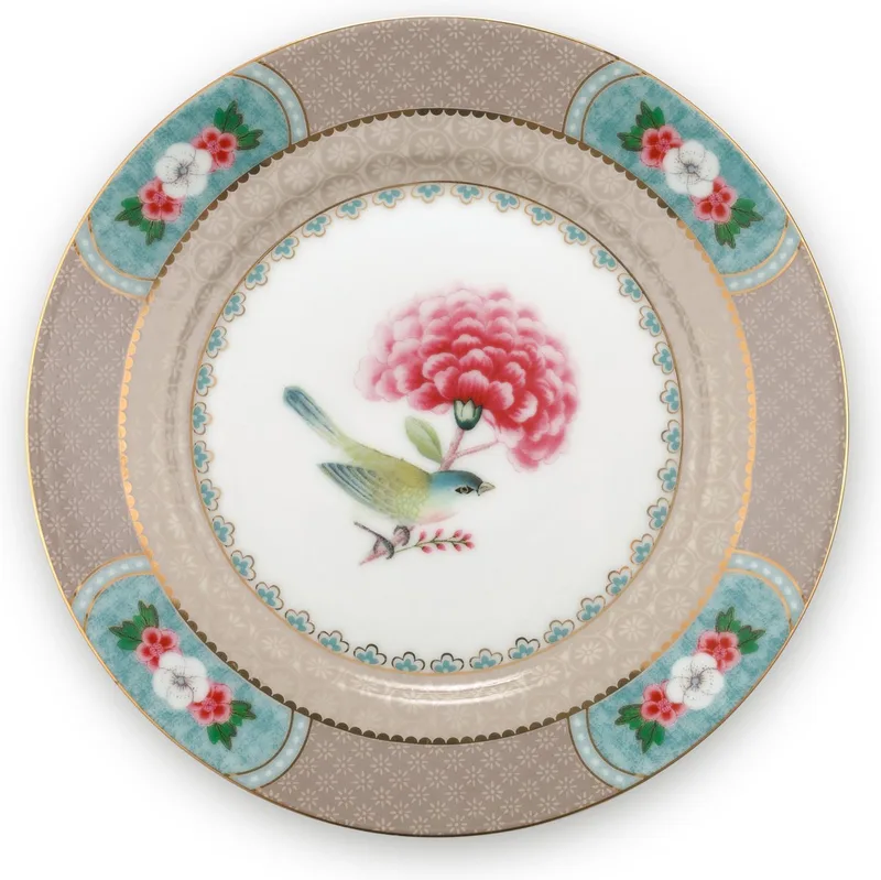 Blushing Birds khaki gebaksbord 17cm - bloemen - vogel - porselein by Pip Studio in Beige – product photo