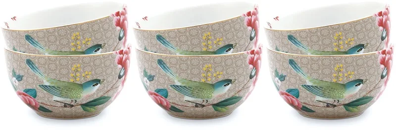 Blushing Birds Kommen - Ontbijtkom - Ronde schaaltjes - Servies set van 6 - 12cm by Pip Studio in Khaki – product photo
