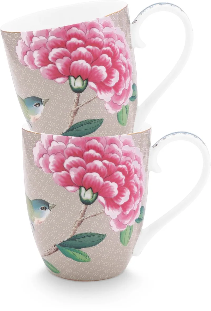 Blushing Birds Mokken - Theemok - Koffiemok met Oor - Servies set van 2 - 450ml by Pip Studio in Khaki – product photo